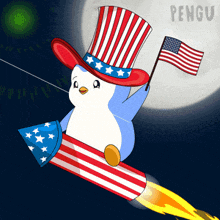 a penguin in an uncle sam hat is flying on a rocket with an american flag
