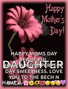 a happy mother 's day message with a pink flower on a black background