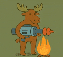 a moose holding a gun next to a campfire