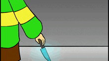 a cartoon of a person holding a knife on a gray surface .