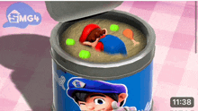 a can of soup with a cartoon character in it and the time 11:38