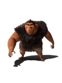 a cartoon caveman is standing on a white background with his shadow on the ground .