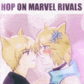 a drawing of a boy and girl kissing with the words hop on marvel rivals above them