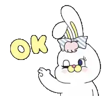 a cartoon rabbit with a bow on its head and the word ok on it 's head .