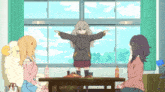 a group of anime girls are sitting around a table