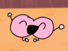a pink cartoon character is laying on the ground with its mouth open and arms outstretched .