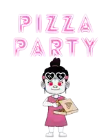a cartoon girl holding a pizza box with the words pizza party written above her