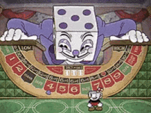 a cartoon character with a dice head is playing roulette with a cuphead .