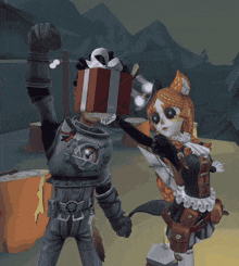 a man holding a gift box on his head stands next to a woman