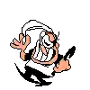 a pixel art drawing of a cartoon character holding a knife and wearing headphones .