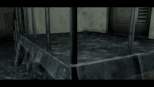 a computer generated image of a dark room with a staircase in the background