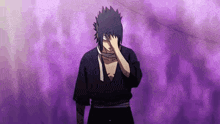 sasuke uchiha from naruto is standing in front of a purple background covering his face with his hand .