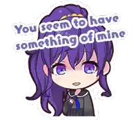 a cartoon of a girl with purple hair and the words you seem to have something of mine