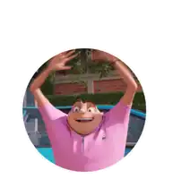a cartoon character in a pink shirt is standing in a circle with his hands in the air