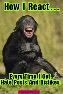 a picture of a monkey laughing with the words how i react every time i get hate posts and dislikes