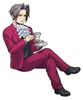 a man in a red suit is sitting down holding a cup of coffee