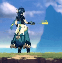 a cartoon character is standing in a field holding a sword