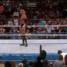 a wrestler is standing in a wrestling ring in front of a crowd .