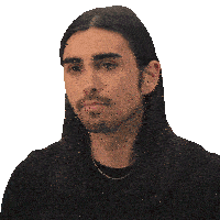 a man with long hair and a beard looks at the camera