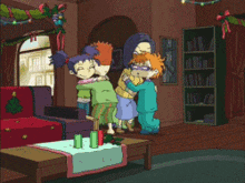a cartoon of a family in a living room with christmas decorations