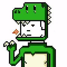 a pixel art of a dinosaur holding a fireball