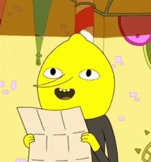 a cartoon lemon is reading a newspaper with a surprised look on his face