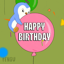 a penguin is holding a pink balloon with the words happy birthday written on it