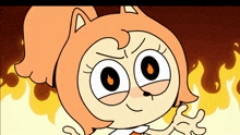 a cartoon drawing of a girl with a flame in her eyes