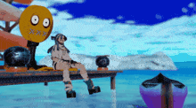 a cartoon character sits on a dock next to a smiley face with x-x on it