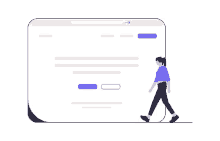 a woman is walking in front of a computer screen