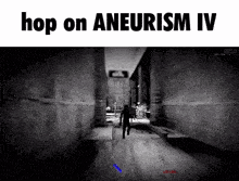 a black and white image of a video game with the words hop on aneurism iv