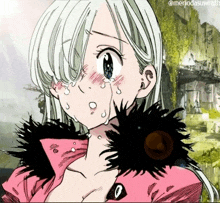 a drawing of a girl with white hair and a pink jacket with a black collar