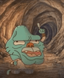 gumball from the amazing world of gumball is holding a spoon in his hand and giving the middle finger .