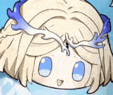 a close up of a cartoon character 's head with a blue and white horn .
