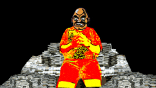 a cartoon of a man standing in front of a stack of money