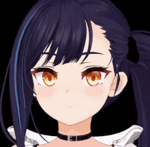 a close up of a girl 's face with orange eyes