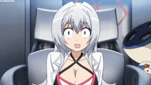 a girl with white hair and a very large breast is sitting in a chair and making a surprised face