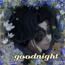 a picture of a woman surrounded by teddy bears and the words goodnight picmix