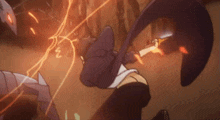 a man in a suit is fighting a monster with a sword in a cartoon .