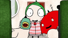 a cartoon character is holding a cup of coffee and a red umbrella with the number 3 and 6 on it