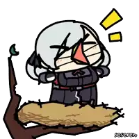a cartoon of a girl sitting on a nest with a bird on her head .