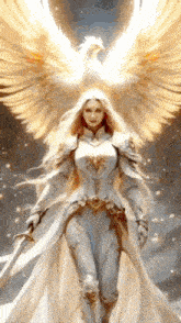 a woman in armor is standing next to a phoenix with wings spread .