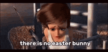 a cartoon character is sitting on a staircase and says `` there is no easter bunny '' .