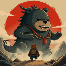 a cartoon of a bear standing next to a giant monster