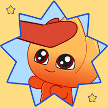 a cartoon character with a red hat on a yellow background