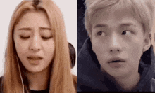 a close up of a woman 's face next to a close up of a man 's face with his eyes closed .