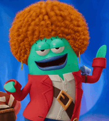 a green cartoon character wearing a red jacket and a brown belt