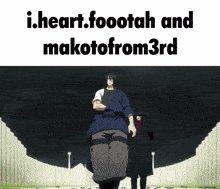 two anime characters standing next to each other with the words i heart foootah and makotofrom3rd above them