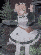 a girl in a maid costume stands in front of a brick building