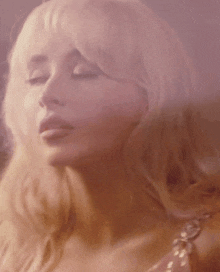 a close up of a blonde woman 's face with her eyes closed .